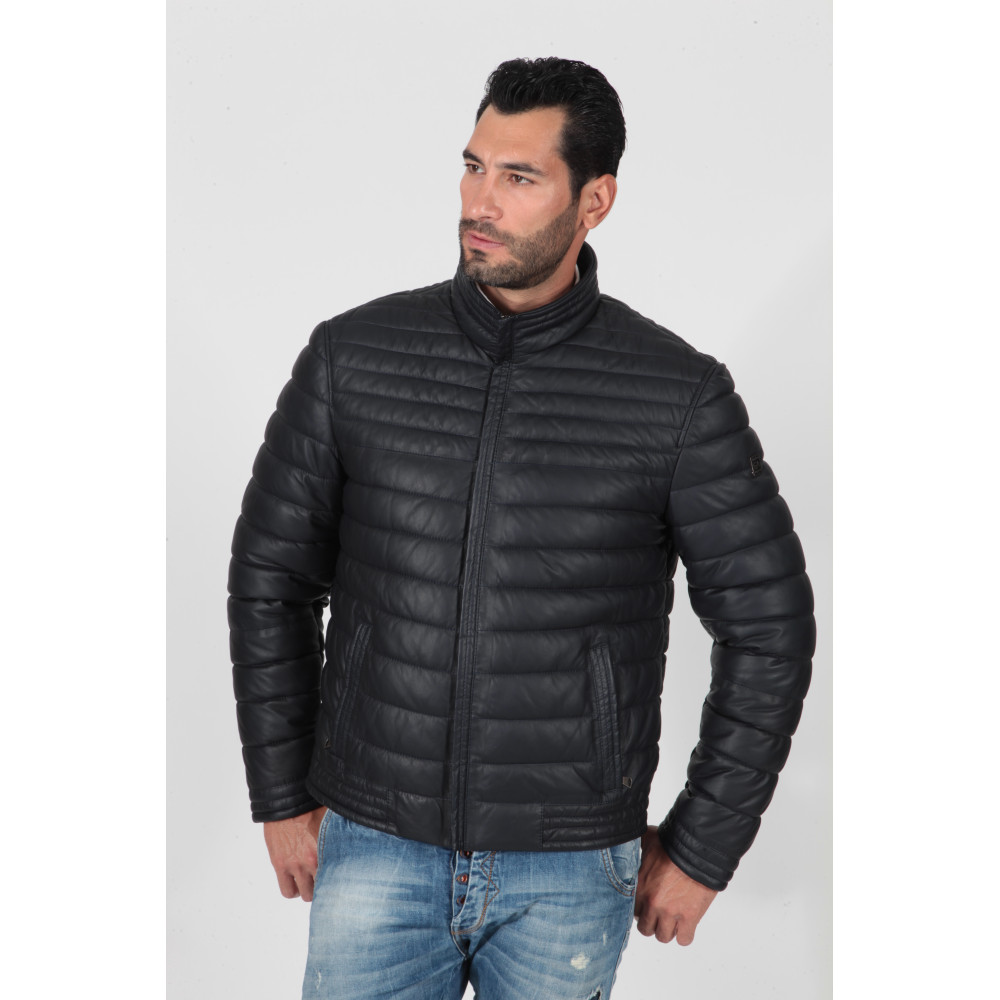 Men's real leather padded and quilted dark blue jacket