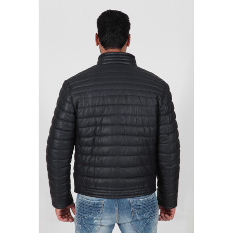Men's real leather padded and quilted dark blue jacket