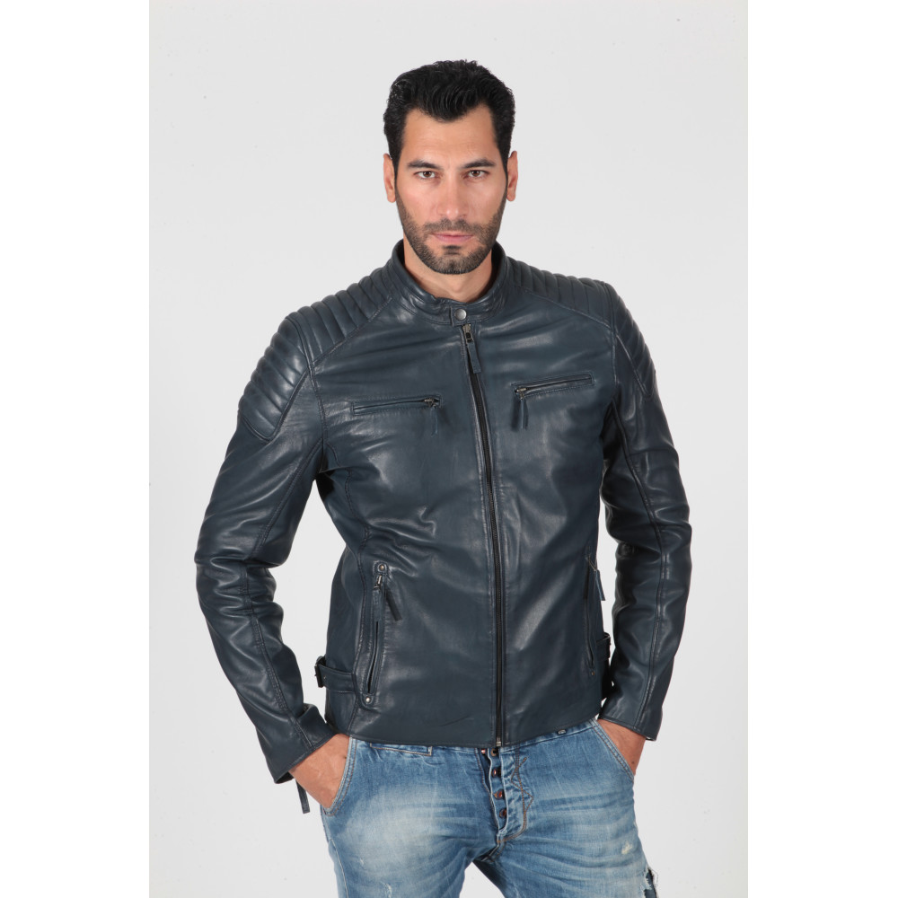 Men's real leather biker jacket blue
