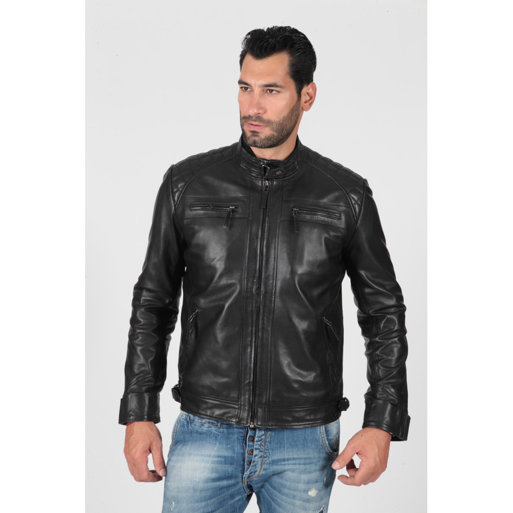Men's real leather biker jacket black