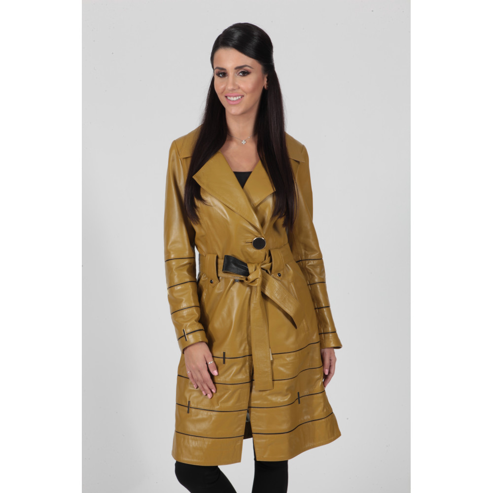 Women's real leather trench coat olive