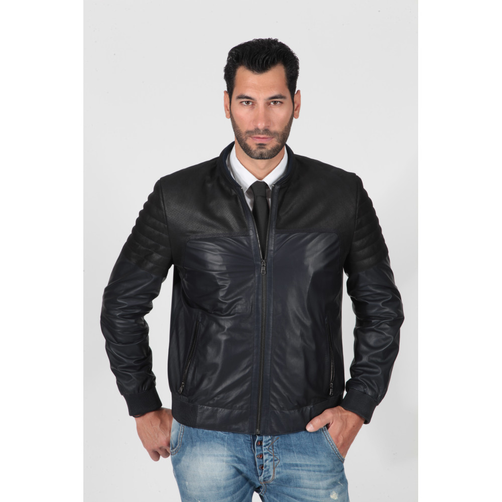 Men's real leather jacket laser cut dark blue