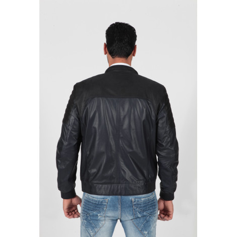 Men's real leather jacket laser cut dark blue