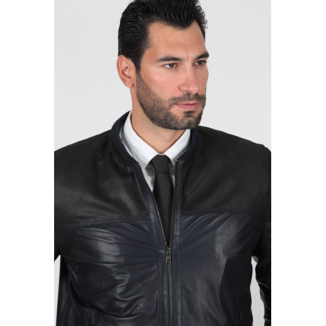 Men's real leather jacket laser cut dark blue